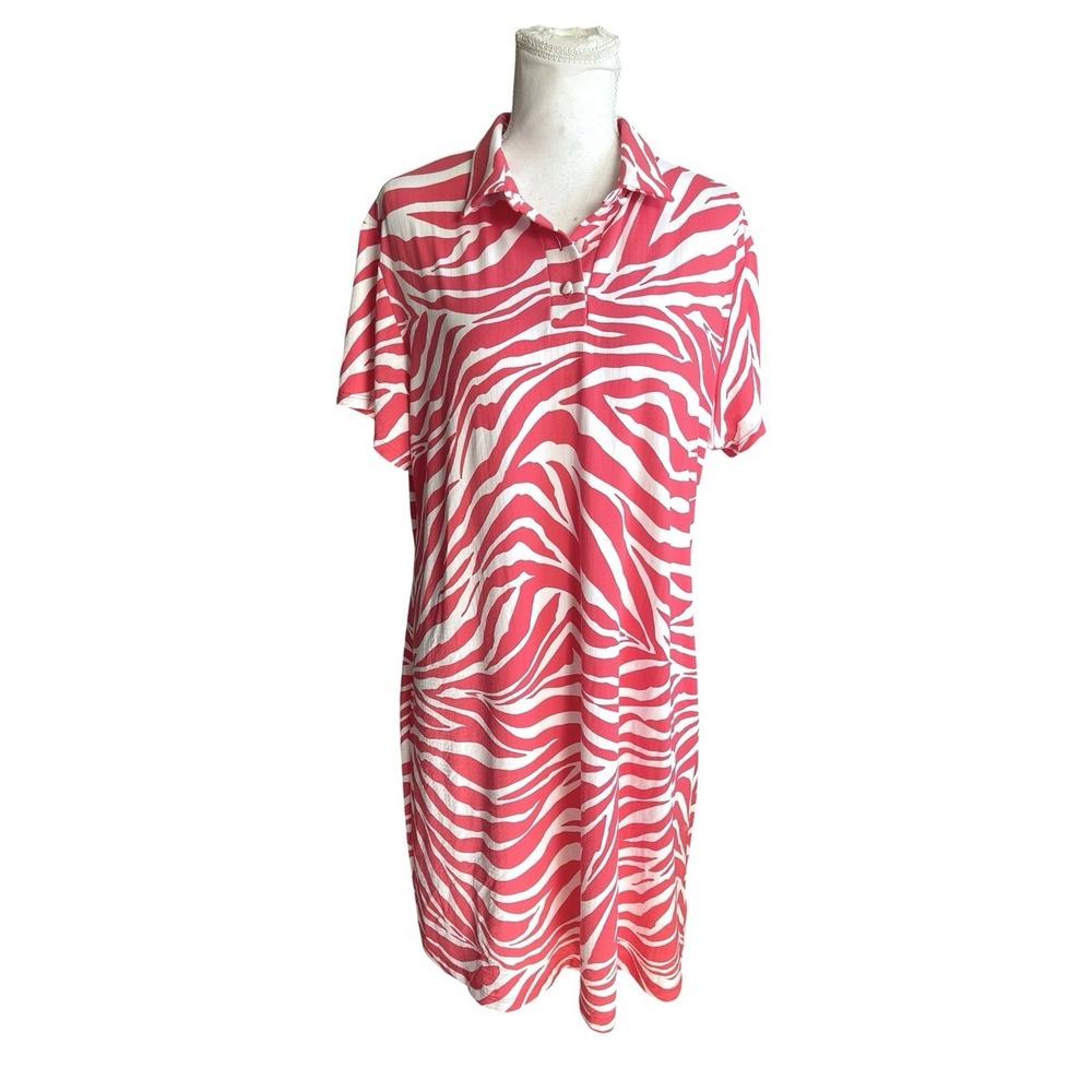 NWT IBKUL Pink & White Zebra Print Collared Polo Shirt Dress Sz XL UPF 50+